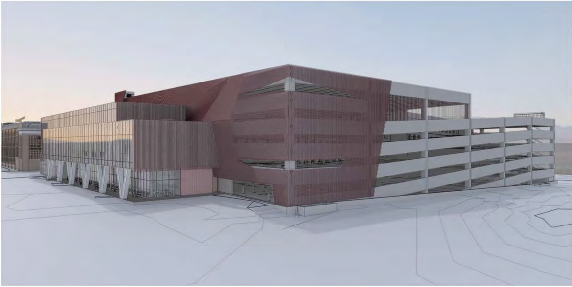 A rendering of what the new garage and new building would look like looking from the northwest on Arsenal Street.