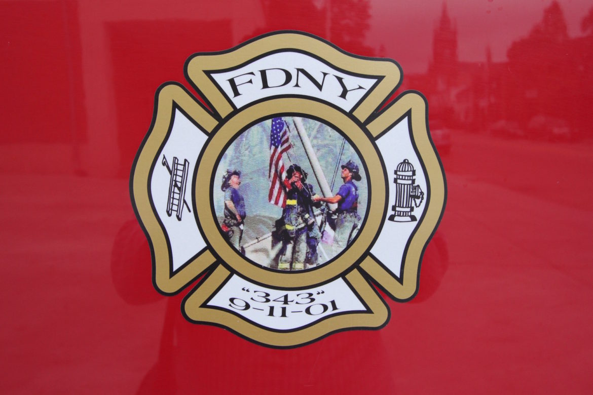 A logo on a Watertown Fire Engine remembering the New York Firefighters lost on Sept. 11, 2001.