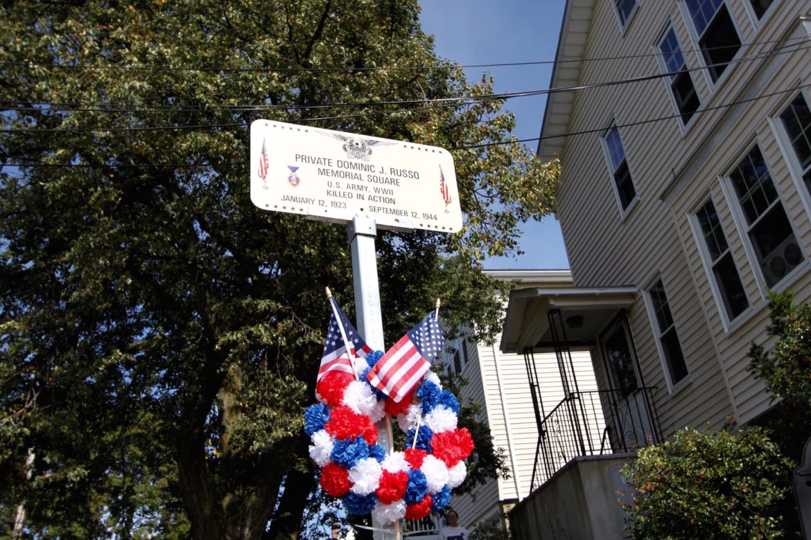 The sign marking the intersection of Palfrey and Forest streets as Dominic Joseph Russo Square.