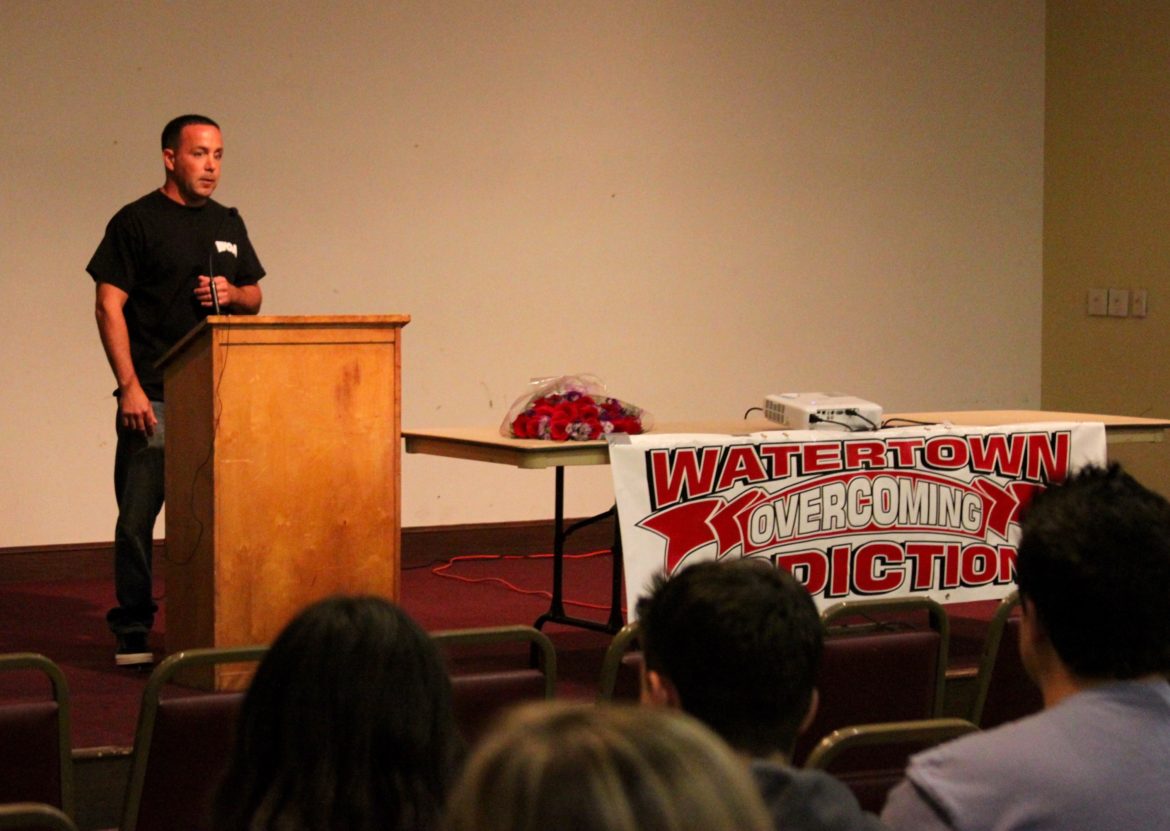 Pete Airasian, founder of Watertown Overcoming Addiction, thanked the hundreds who attended the Candlelight Vigil and Memorial at St. Patrick's Church.