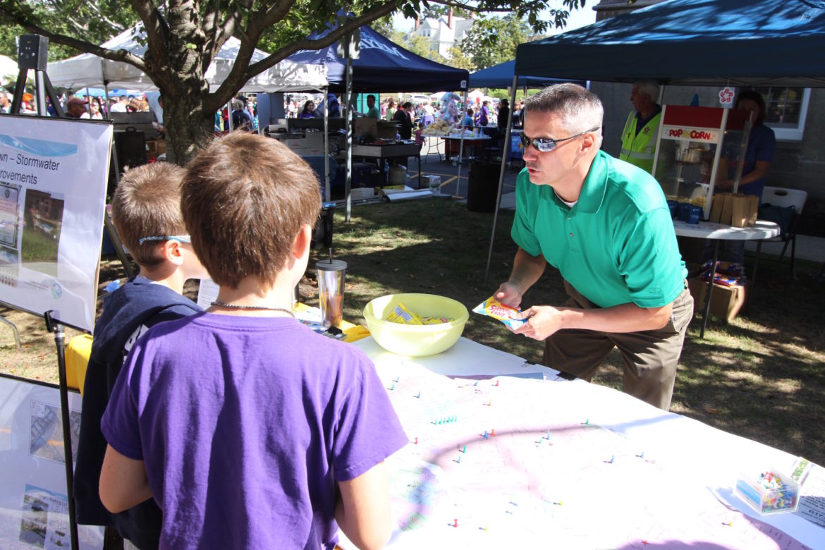 Watertown Tree Warden and Environmental Officer Chris Hayward talks to two boys about what happens to stormwater in Watertown