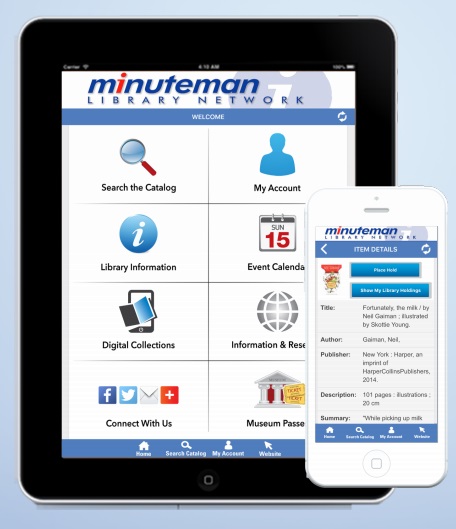 A screenshot of what the Minuteman Library Network mobile app looks like.