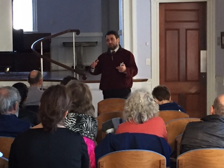 Sami Abdullah lead the discussion after a showing of Salam Neighbor during the Watertown Citizens Refugee Support Group's movie presentation.