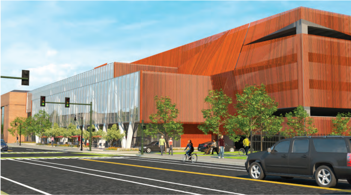 A drawing showing what the new garage on the wet end of Athenahealth's Arsenal on the Charles campus. 