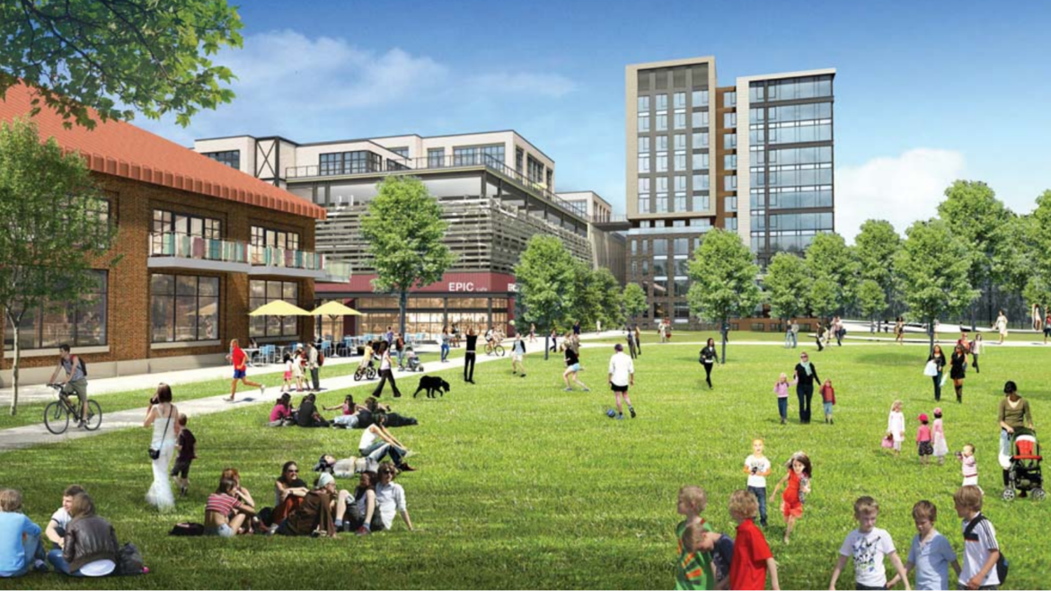 The 12-story apartment building can be seen in this illustration of what Arsenal Park could look like if it is remodeled to link with the back of the Arsenal Mall. 