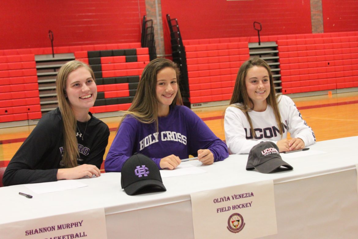 Watertown High School basketball player Shannon Murphy and field hockey players Olivia Venezia and Kourtney Kennedy signed their letters of intent to play sports in college Thursday afternoon.